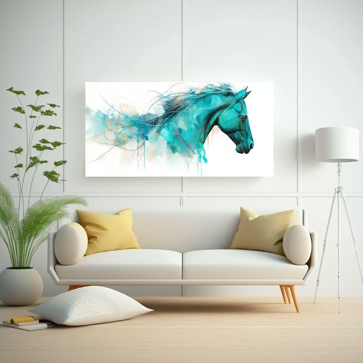 Pintura Acuarela Caballo Andaluz En Tonos Turquesa 100x50cm-2