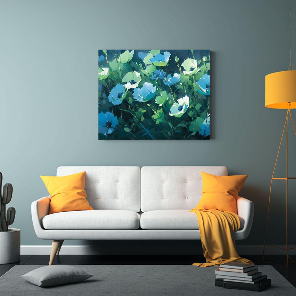 Cuadro Tonos Colorido De Flores En Azul Y Verde: 65x50cm-2