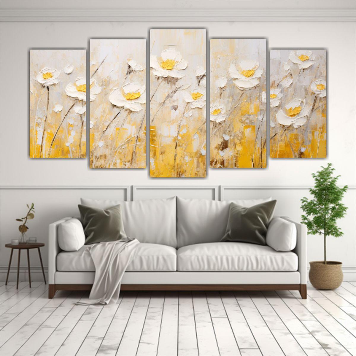 Cuadro Floral Amarillo Y Blanco Sobre Lienzo De 150x75 Cm-2