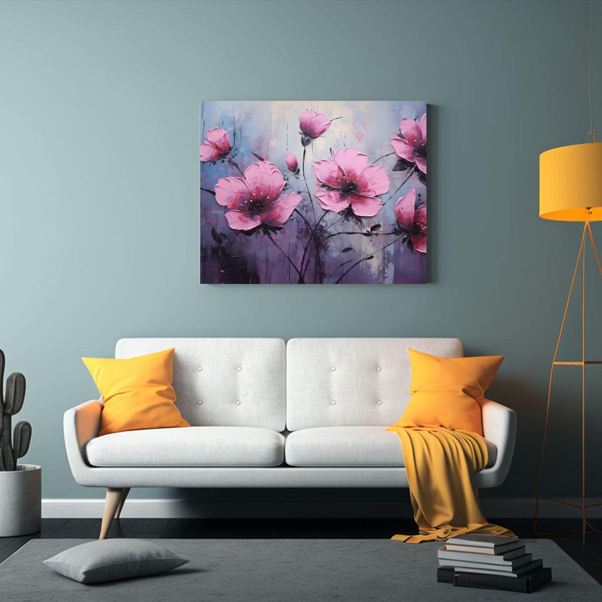 Pintura De Flores En Lienzo En Negro Y Rosa Para Cocina 45x30cm-2