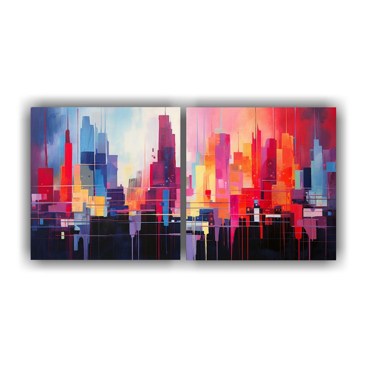 Cuadro Abstracto De Ciudad En Tonos Brillantes 140x70 Cm-0