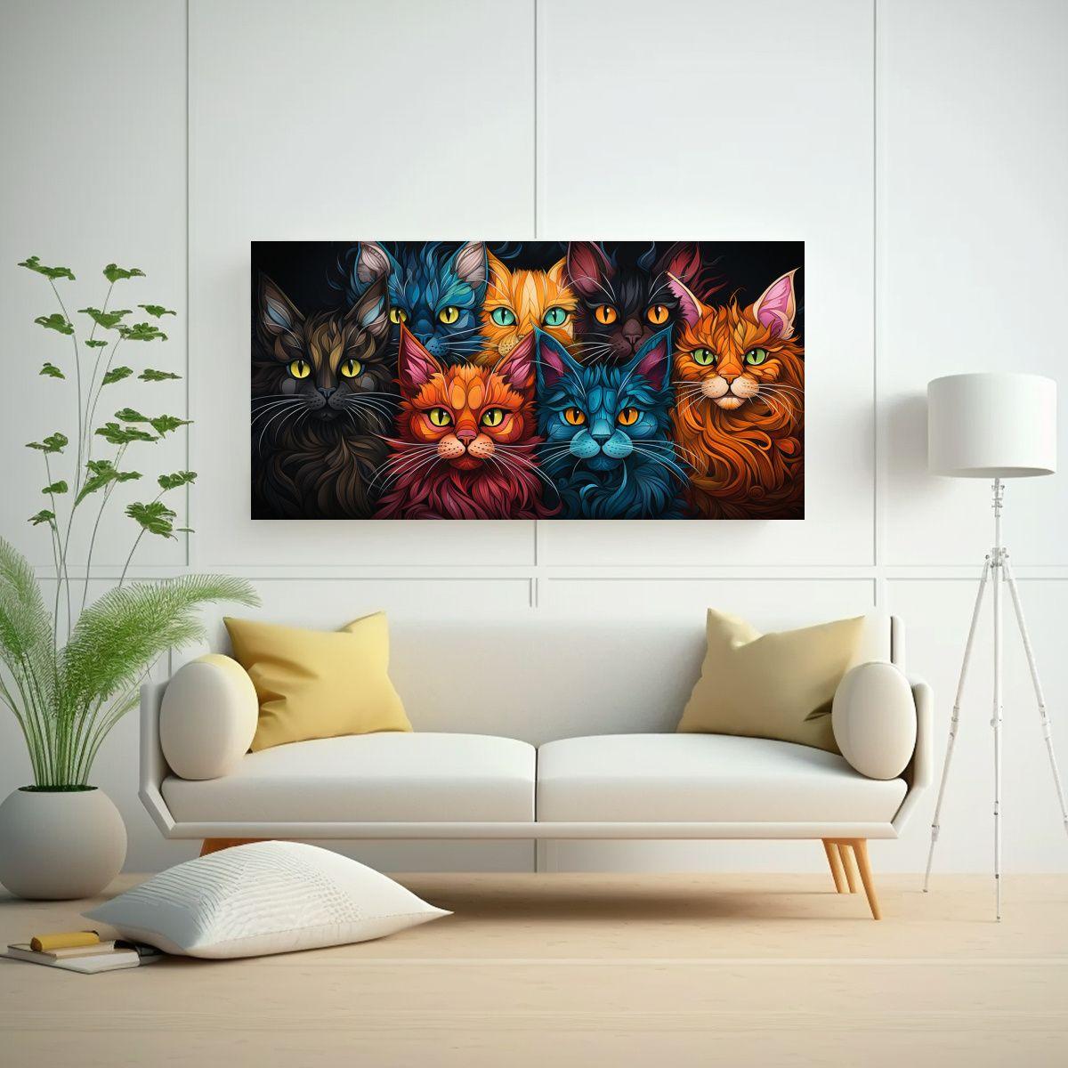 Cuadro Decorativo Con Gatos De Colores En Finas 140x70cm-2