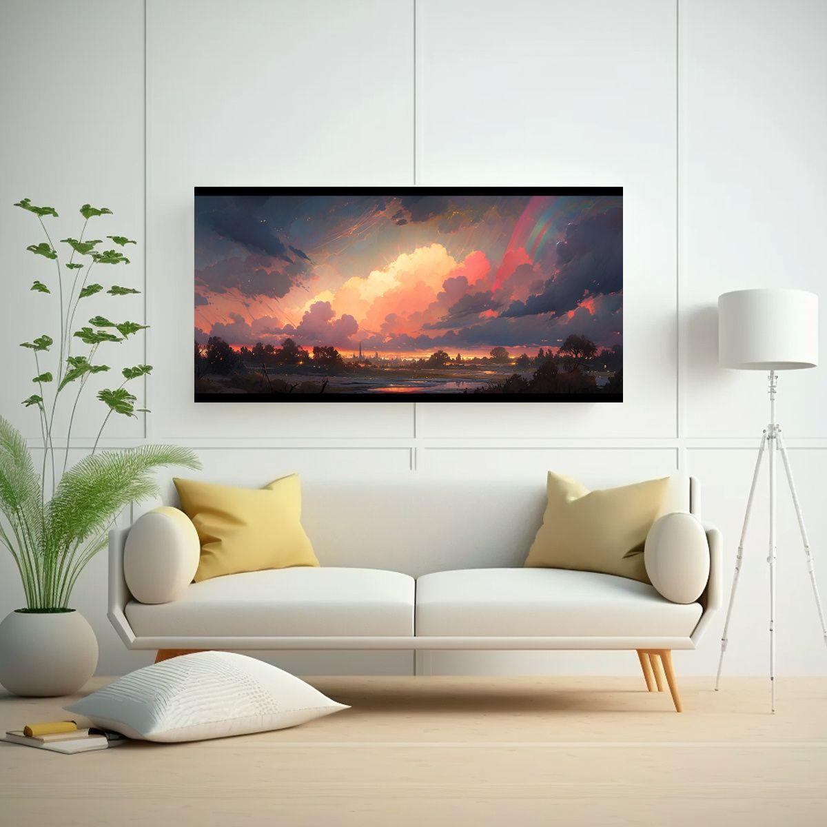 Pintura Abstracta Pared Amanecer Arcoíris Y Negro 60x30cm-2