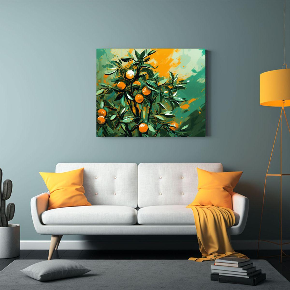 Cuadro Tela Bastidor Moderno Árbol Naranja En Tonos Verdes  50x40cm-2
