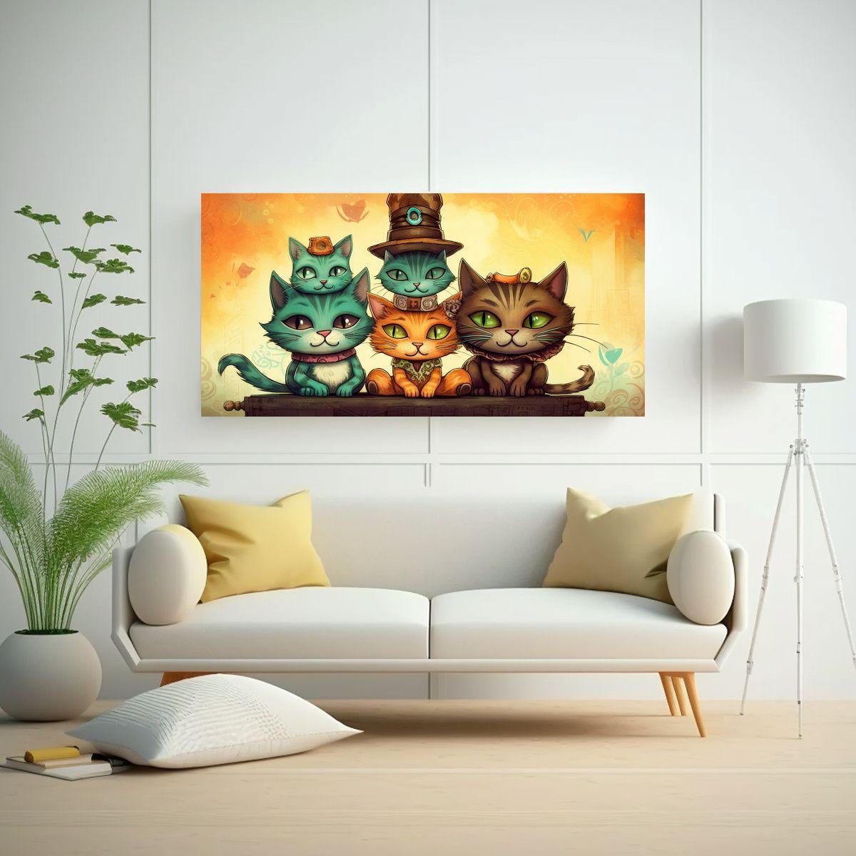 Cuadro Acuarela Gatos En Stack Mirando Al Cielo 100x50cm-2