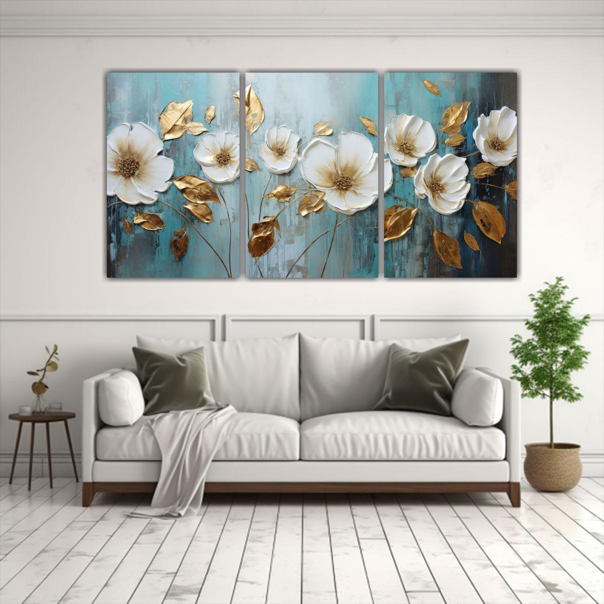 Tres Lienzos Cuadro Multicolor Pintura De Flores 180x90 Cm-2