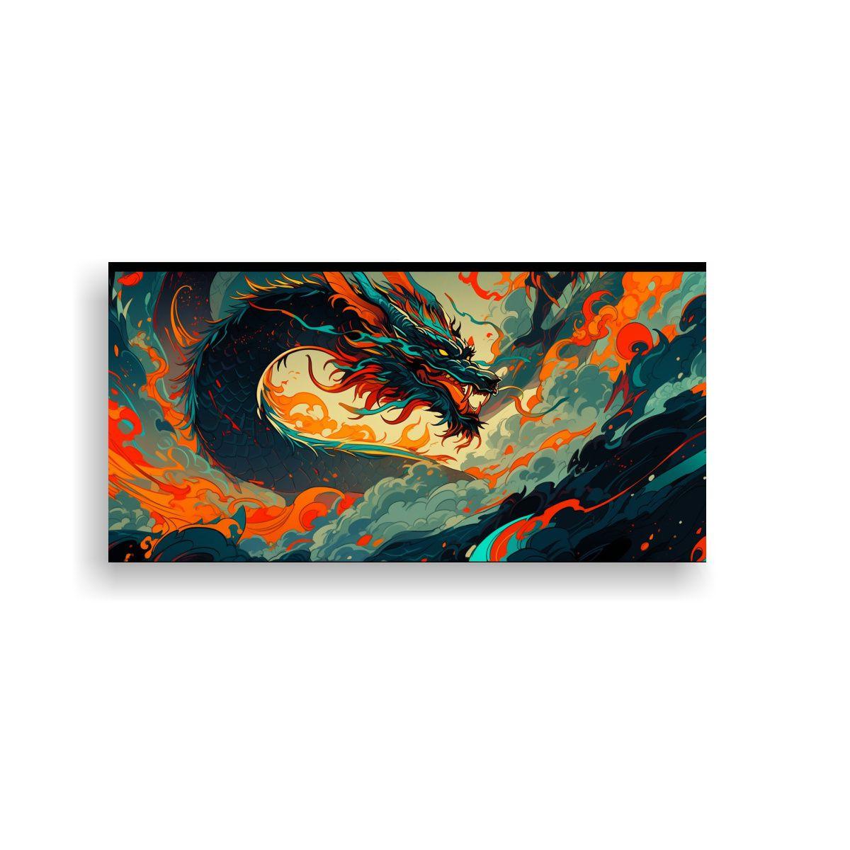 Pintura De Pared: Dragón En Turquesa Y Naranja, A 60x30cm-0