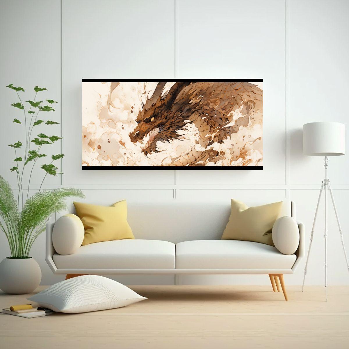 Pintura De Dragón Acuarela Y Marrones En Lienzo: 160x80cm-2