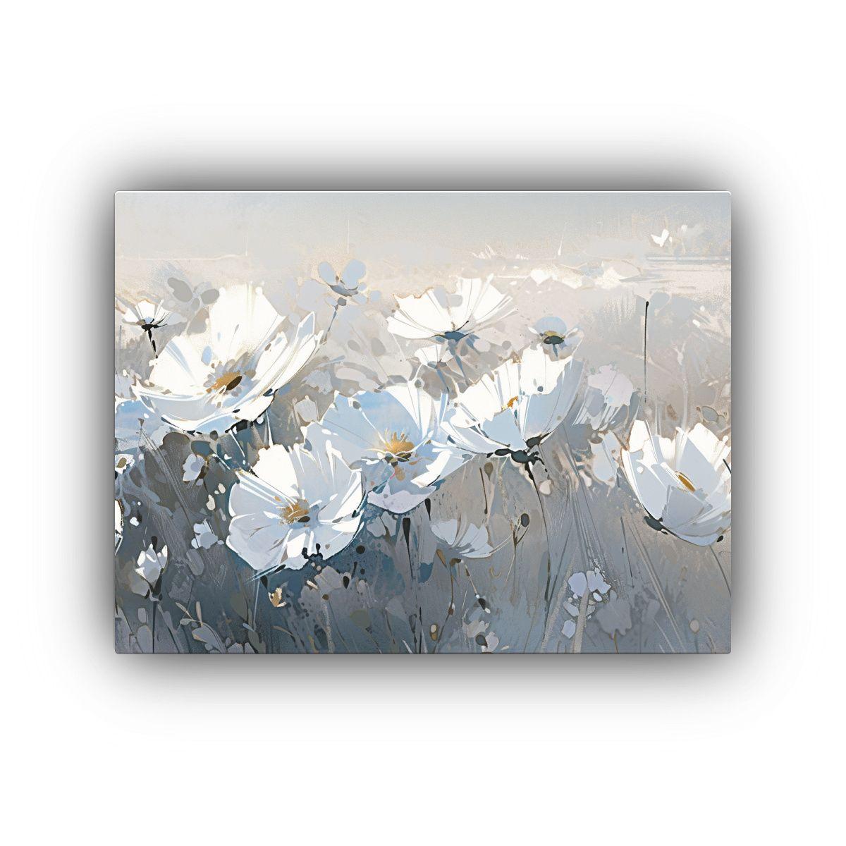Pintura Flores Blanco Y Plata Profundidad En Lienzo Decorati 90x60cm-0