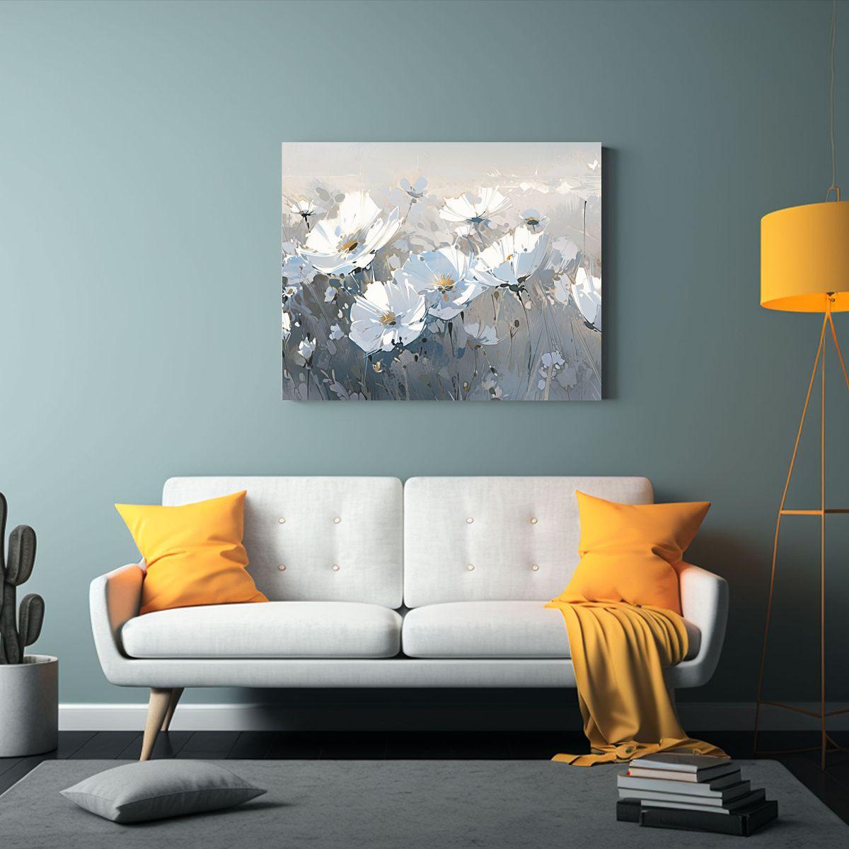 Pintura Flores Blanco Y Plata Profundidad En Lienzo Decorati 90x60cm-2