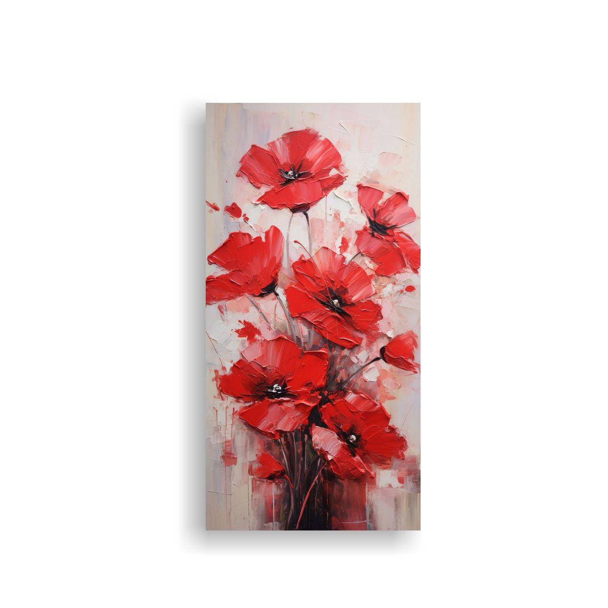 Pintura Al óleo En Bastidor Con Flores Rojas En 20x40cm-0