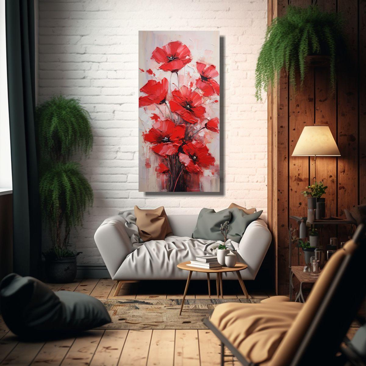 Pintura Al óleo En Bastidor Con Flores Rojas En 20x40cm-2