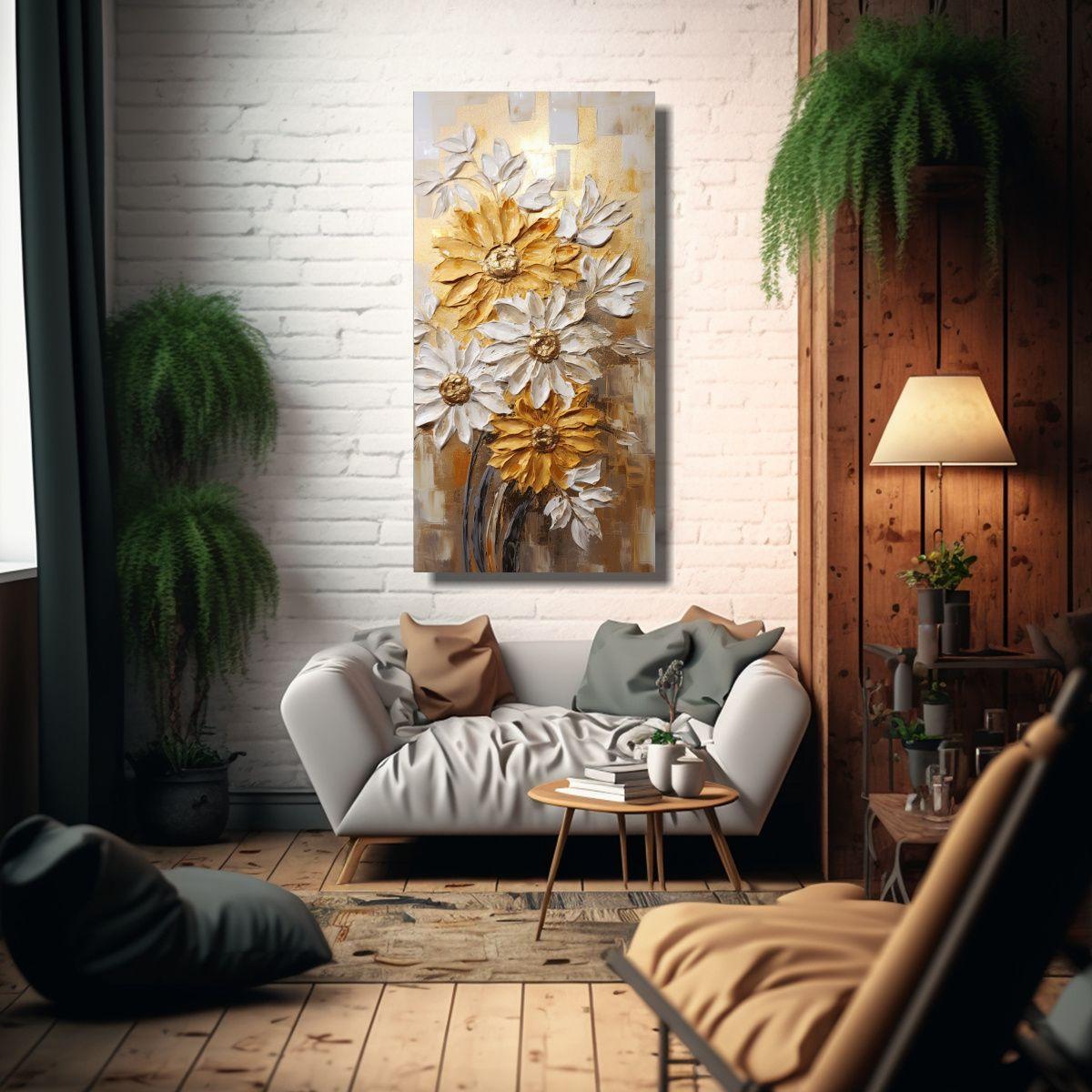 Cuadro Lienzo Tela Textura Girasoles Dorados 80x160cm-2