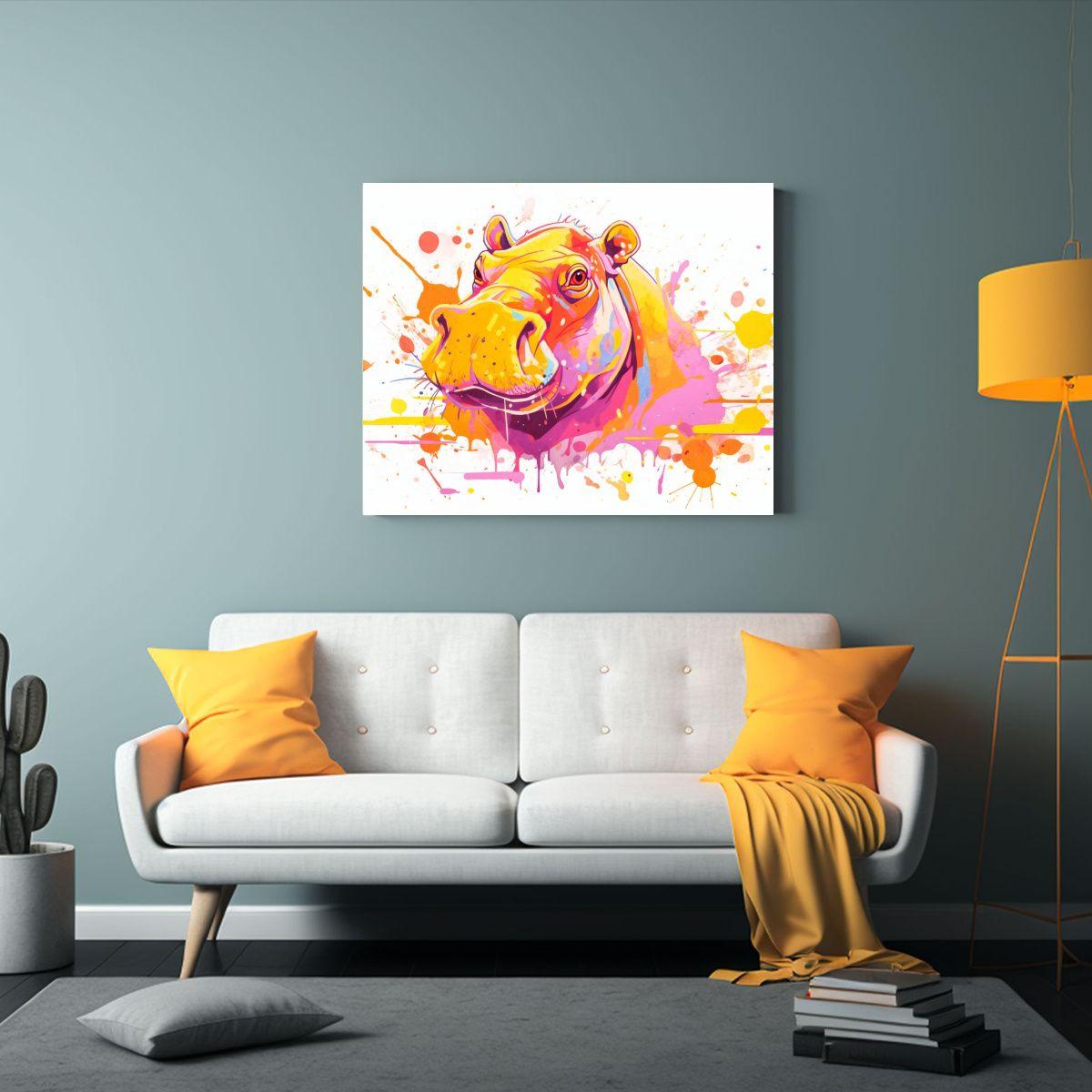 Cuadro Tela Comedor Hipopótamo Amarillo Y Rosa Pop Art Esti 65x50cm-2