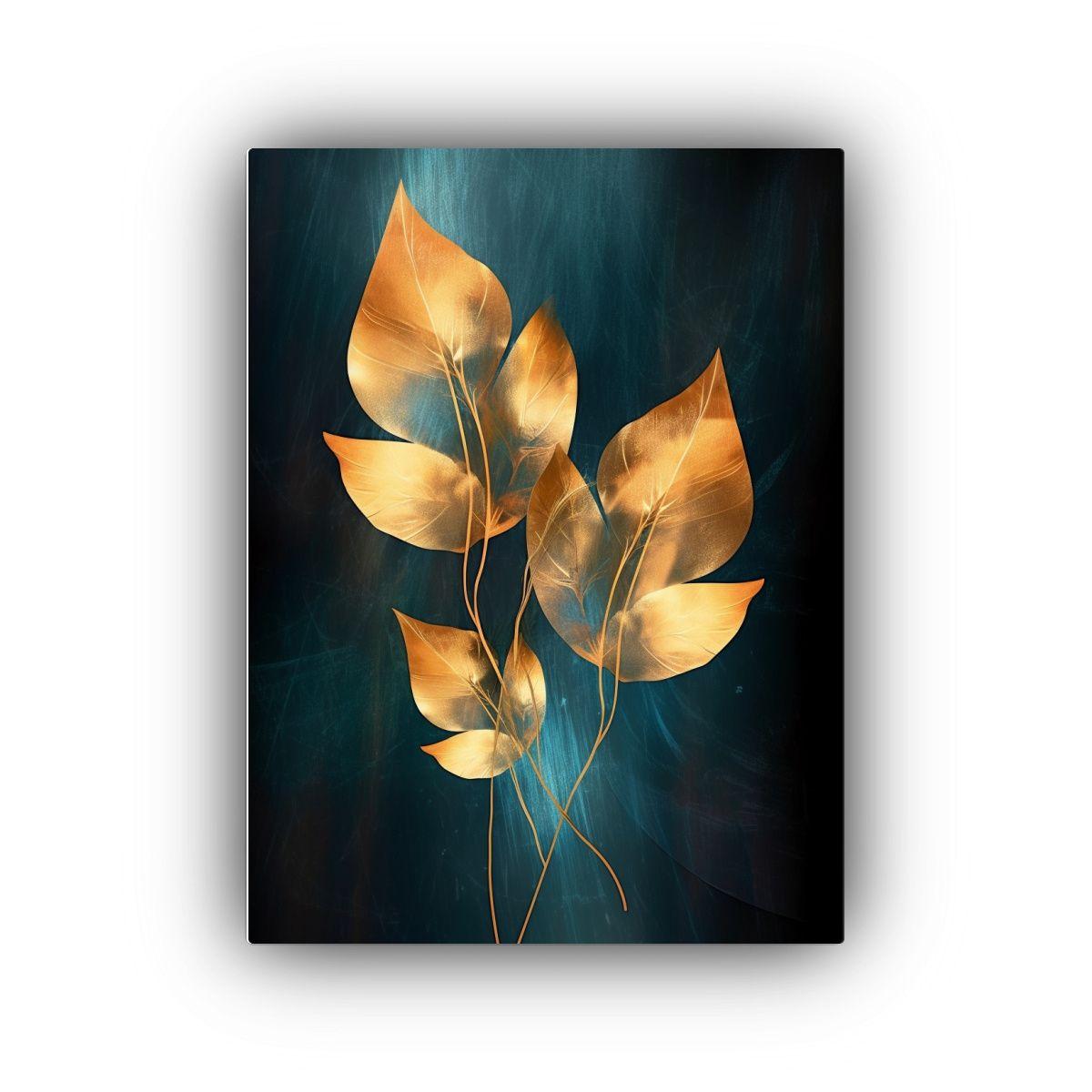 Pintura Decorativa Con Hojas Doradas En Lienzo 50x75cm-0