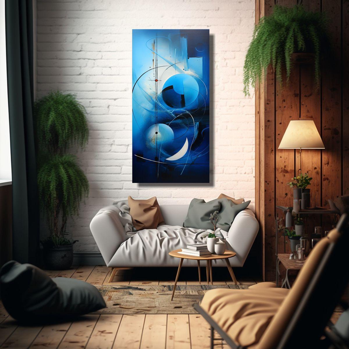 Pintura Abstracta Azul En Lienzo Líneas Finas 70x140cm-2