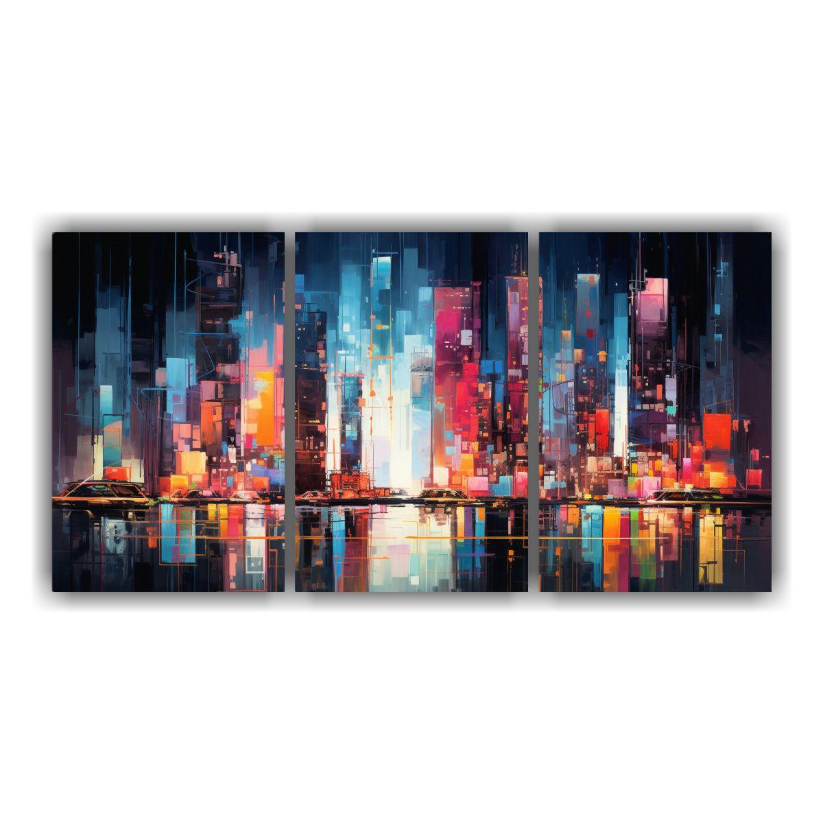 Tríptico Abstracto Nocturno De Una Ciudad En 60x30 Cm-0