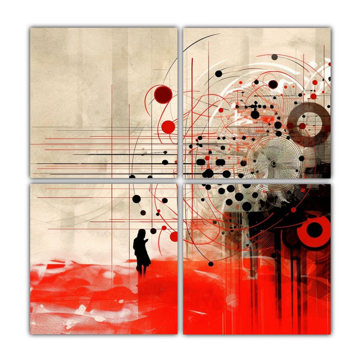 Cuatro Cuadros Composición Líneas Abstractas 80x80 Cm-0