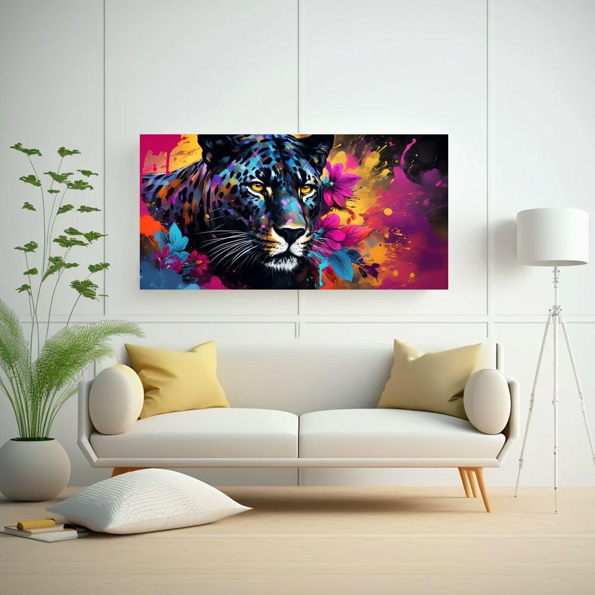 Arte Diseño: Pantera En Acuarela Colorida Estilo  140x70cm-2