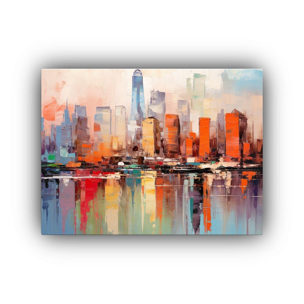 Pintura Contemporánea De Un Horizonte Colorido Con Skyline  60x40cm-0