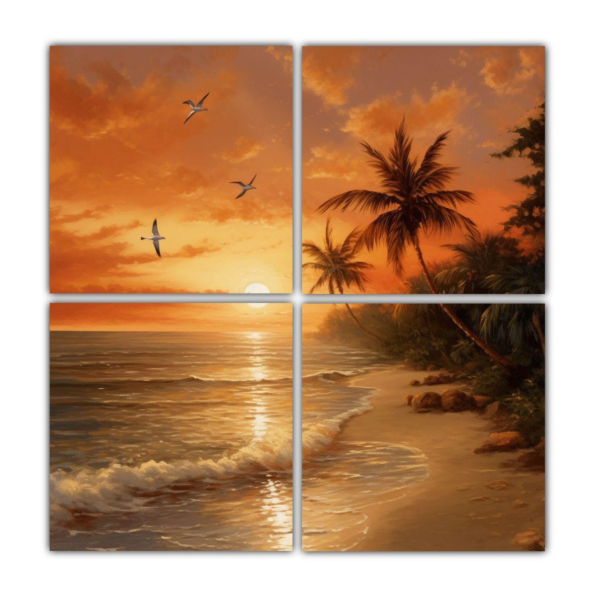 Cuatro Cuadros Patron Intenso De Una Playa Serena 40x40 Cm-0