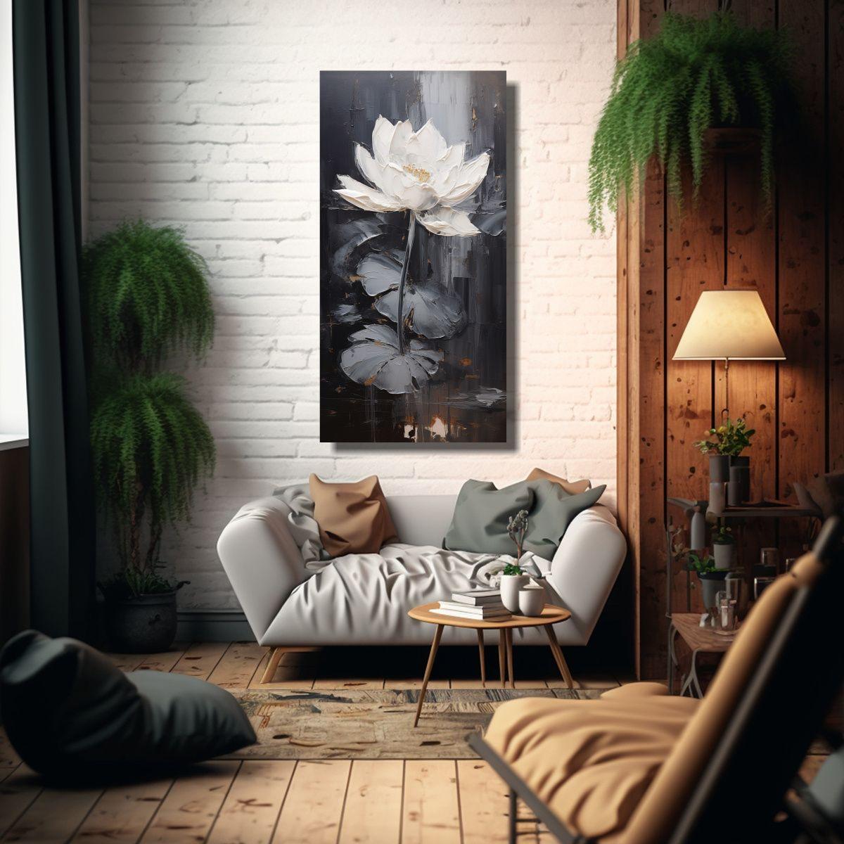 Pintura De Loto Negro En Lienzo Inspirador 30x60cm-2