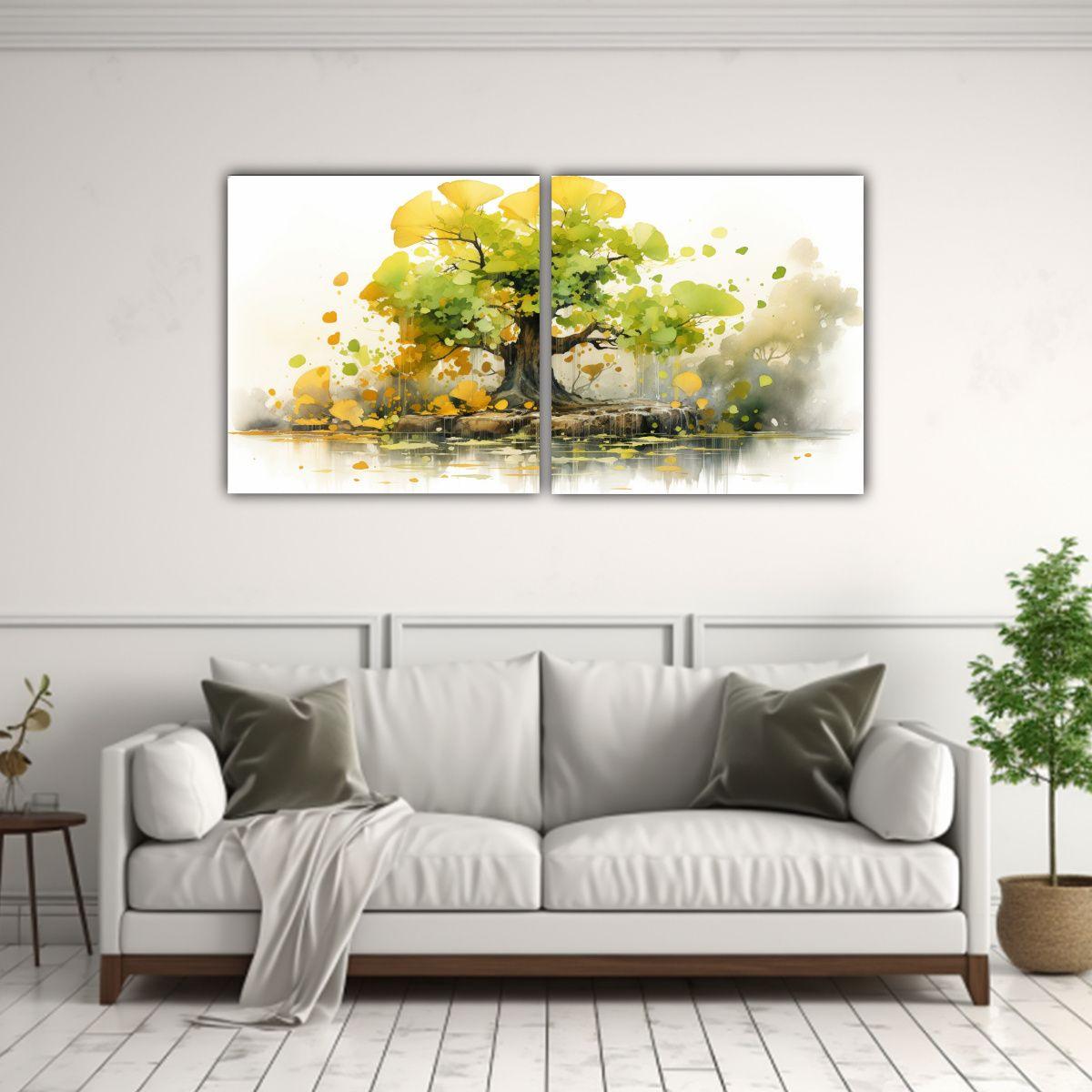 Pinturas Abstractas De Ginkgo Biloba En Acuarelas 40x20 Cm-2