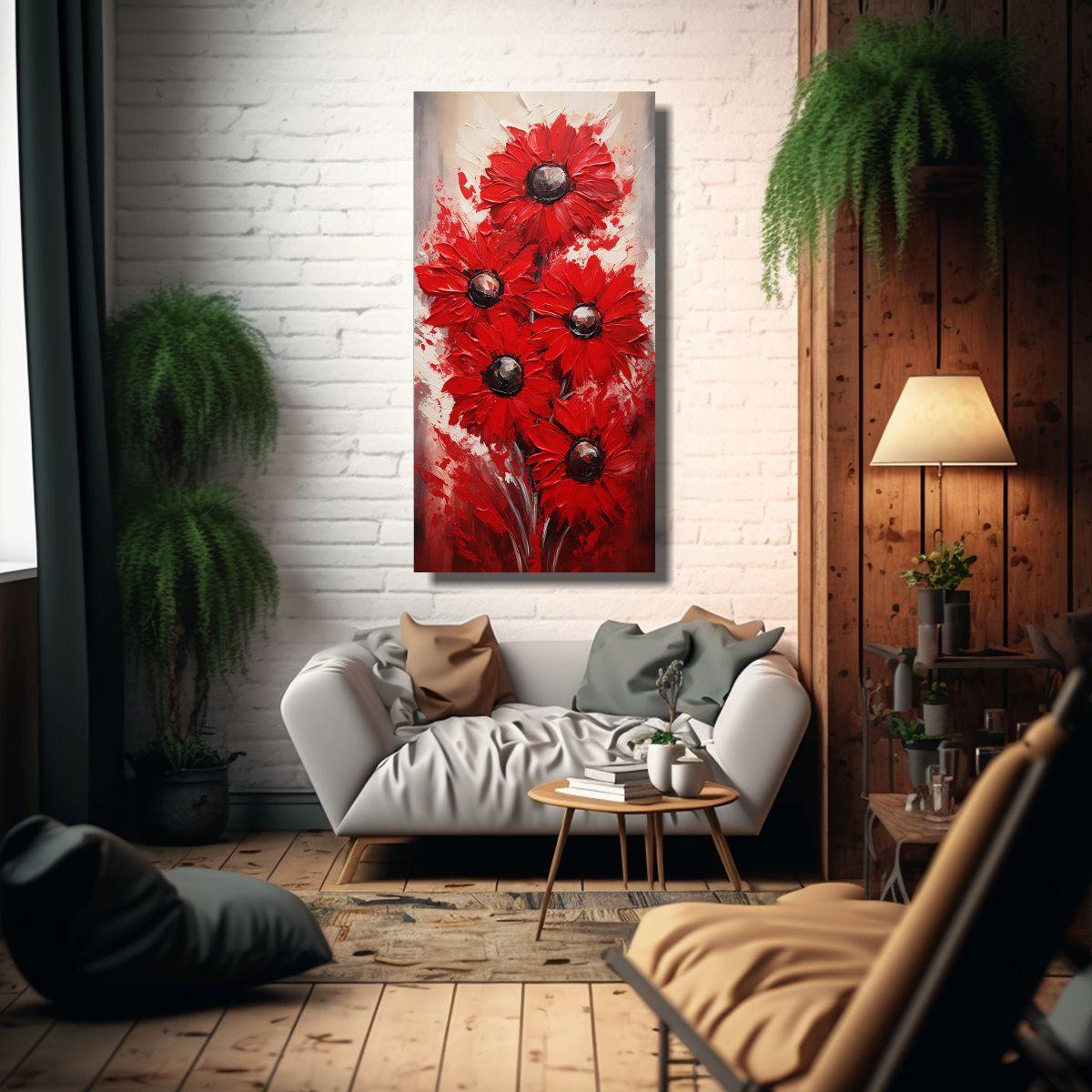 Pintura De Girasoles Temáticos Rojos En Lienzo 50x100cm-2