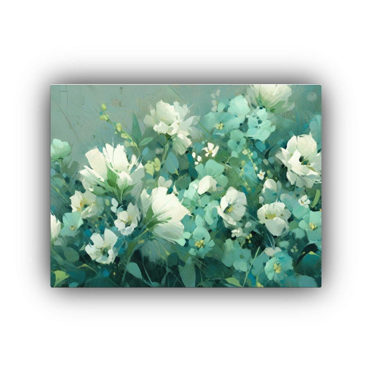 Cuadro Floral En Lienzo Verde Y Turquesa Para Decoración. 30x20cm-0
