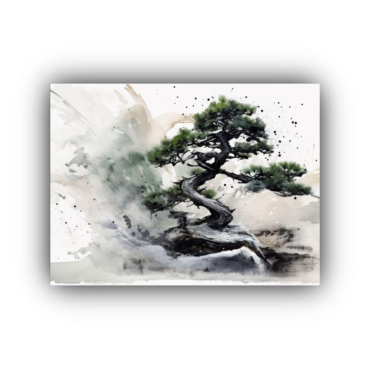 Pintura Abstracta De árbol Bonsái En Blanco Y Negro. 40x30cm-0