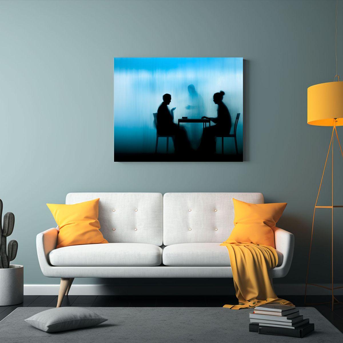 Pintura Abstracta: Tres Personas Sentadas En Mesa, Una Mira 50x40cm-2