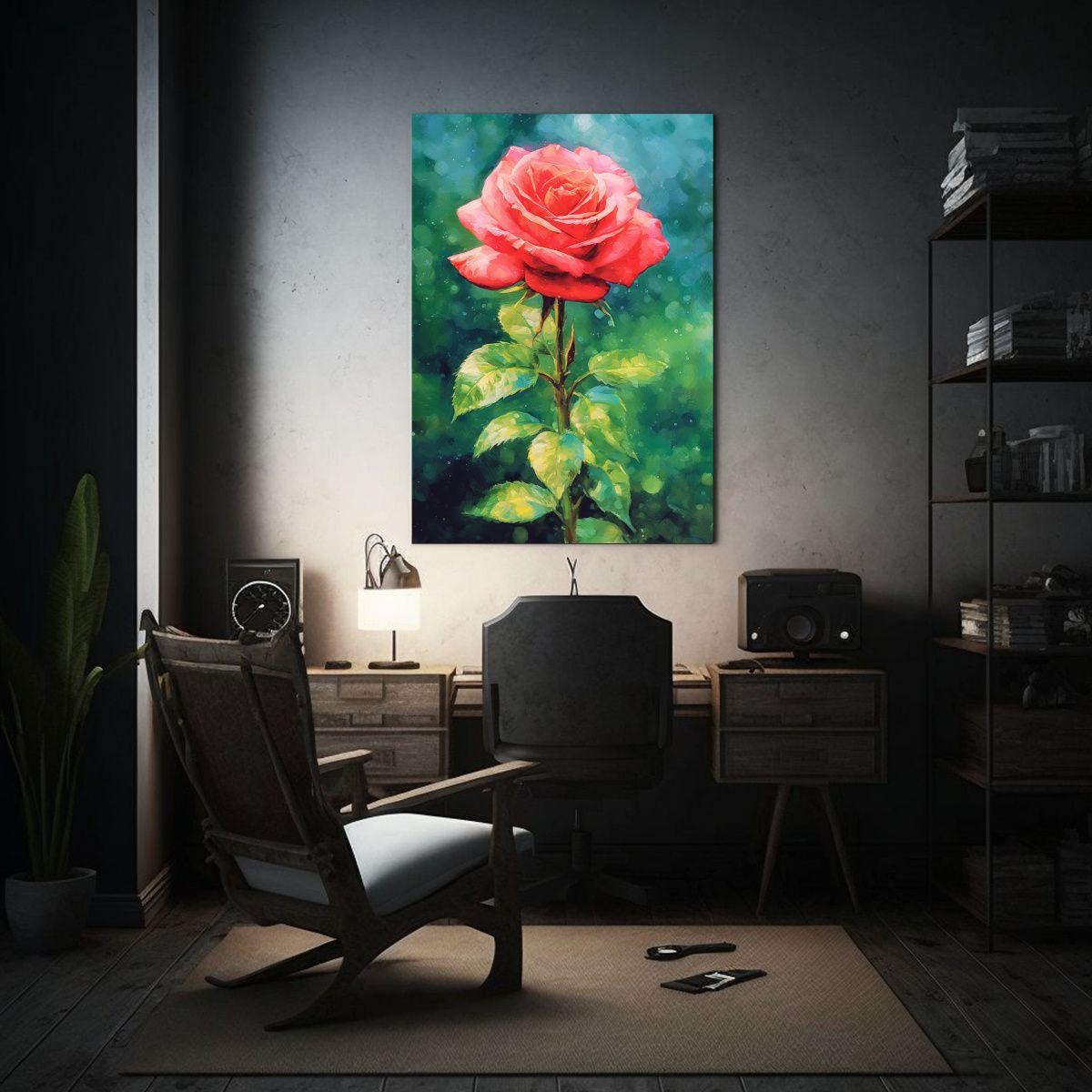 Pintura Acuarela De Rosa Roja En Bastidor 40x50 Cm-2