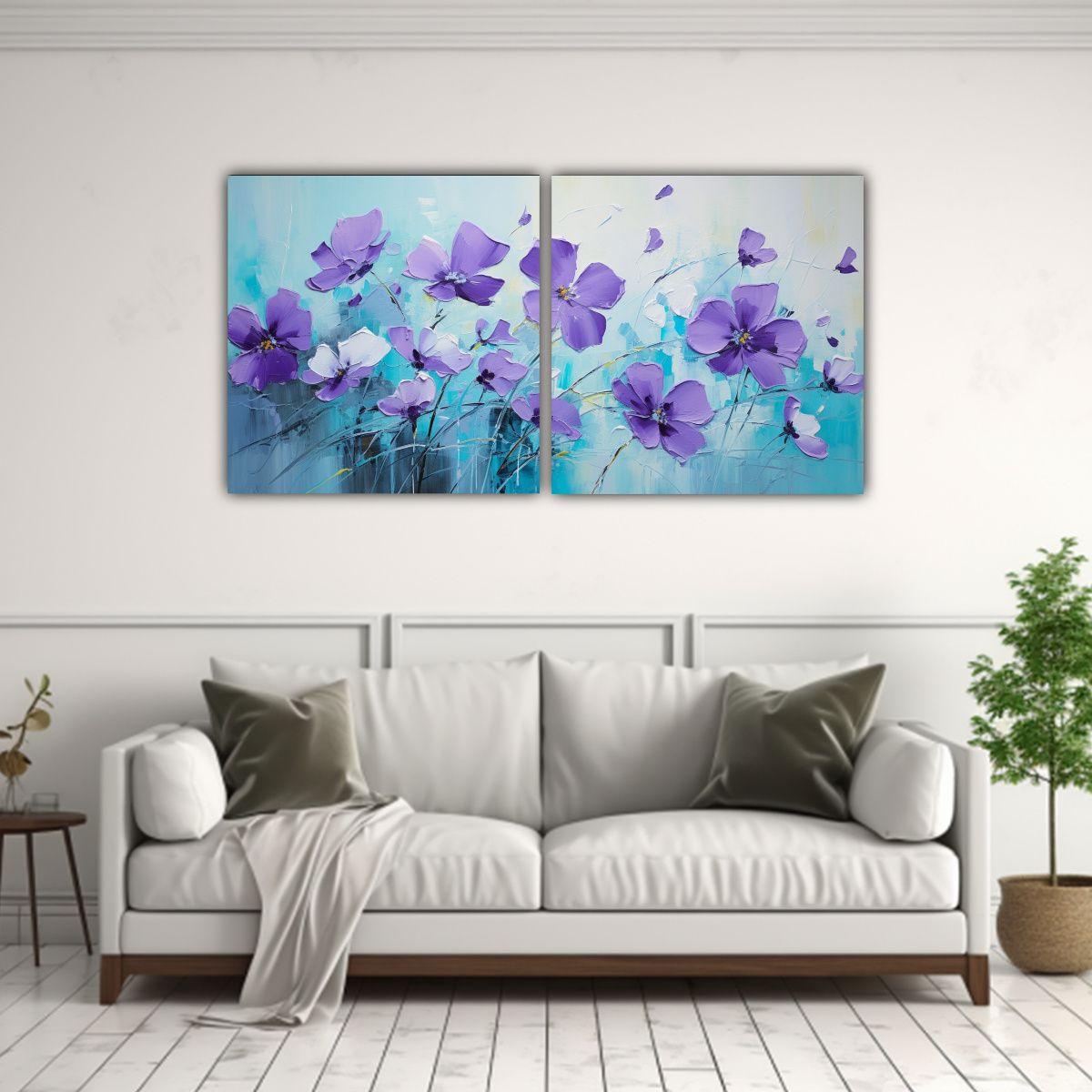Dos Lienzos Tema Vida En Púrpura Y Colores Cian 40x20 Cm-2