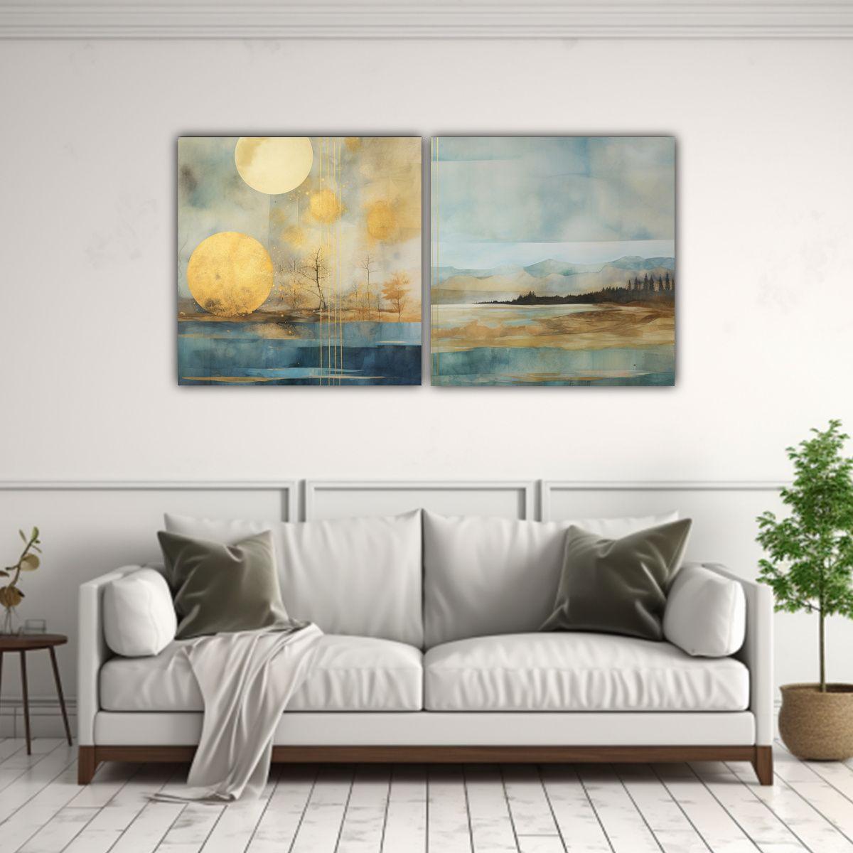 Pintura En Tela Con Simetría Dorada Y Acuarela 80x40 Cm-2