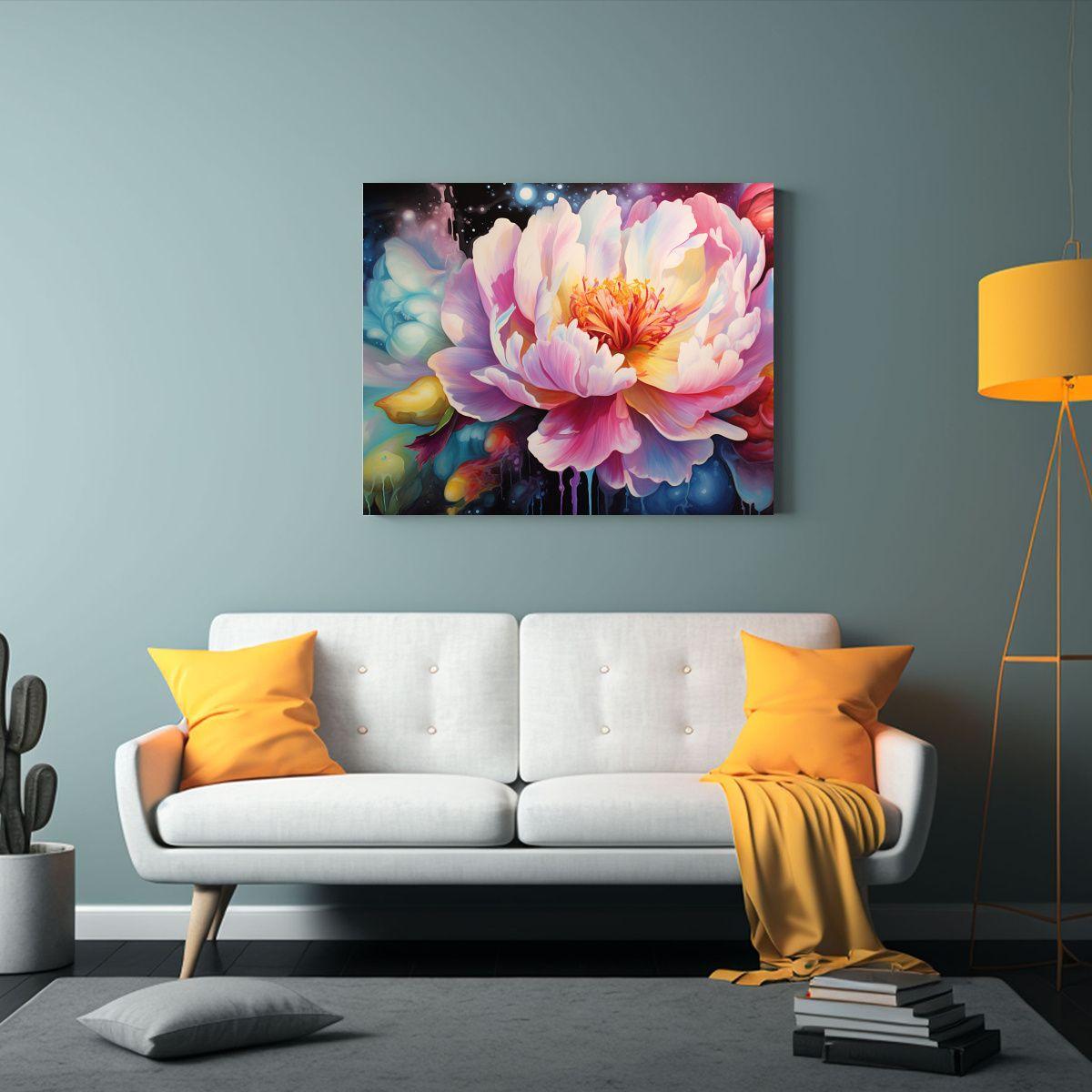 Pintura Abstracta Brillante De Peonías Arcoíris En Acuarel 90x60cm-2