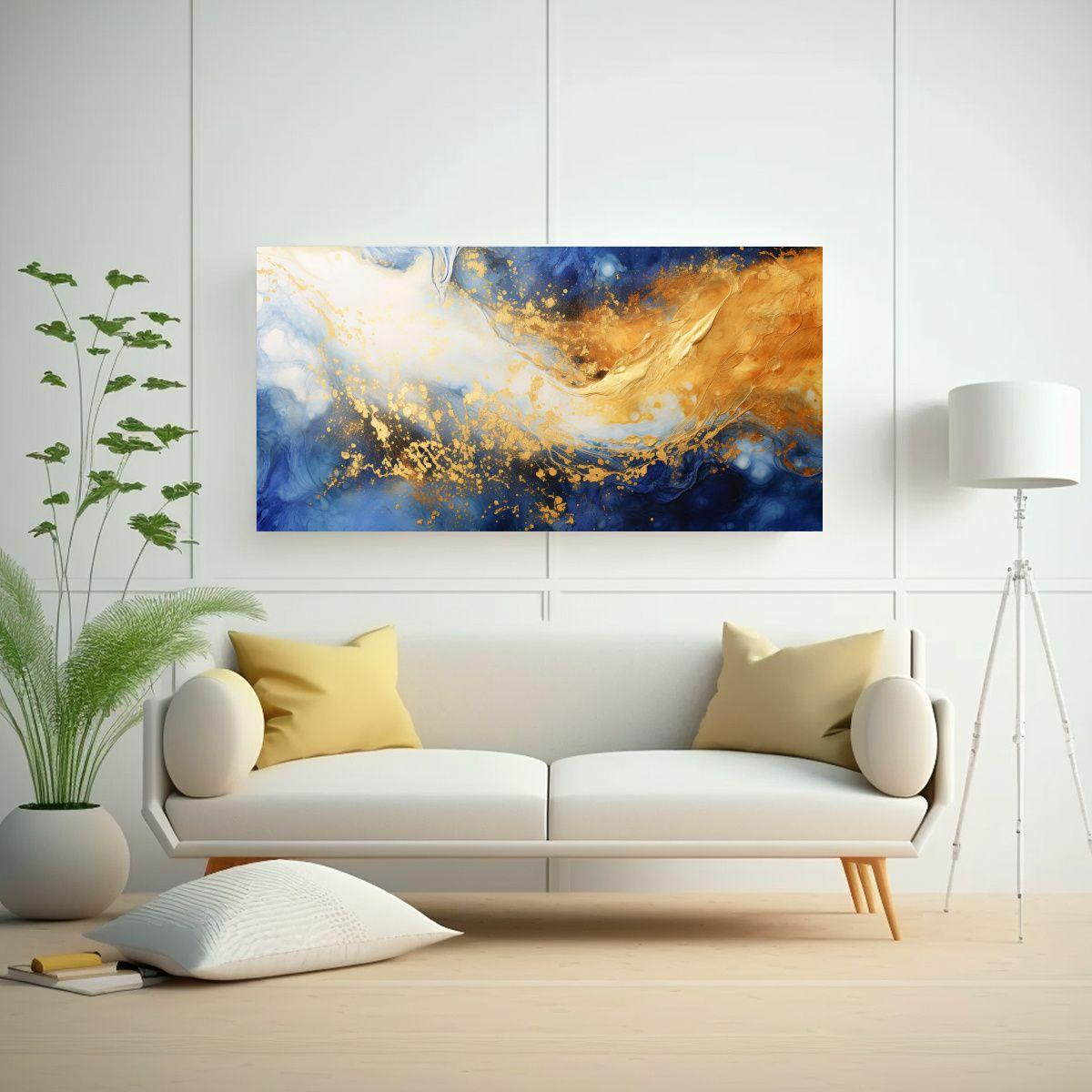 Cuadro De Arte Moderno En Lienzo Azul Y Amarillo 60x30cm-2