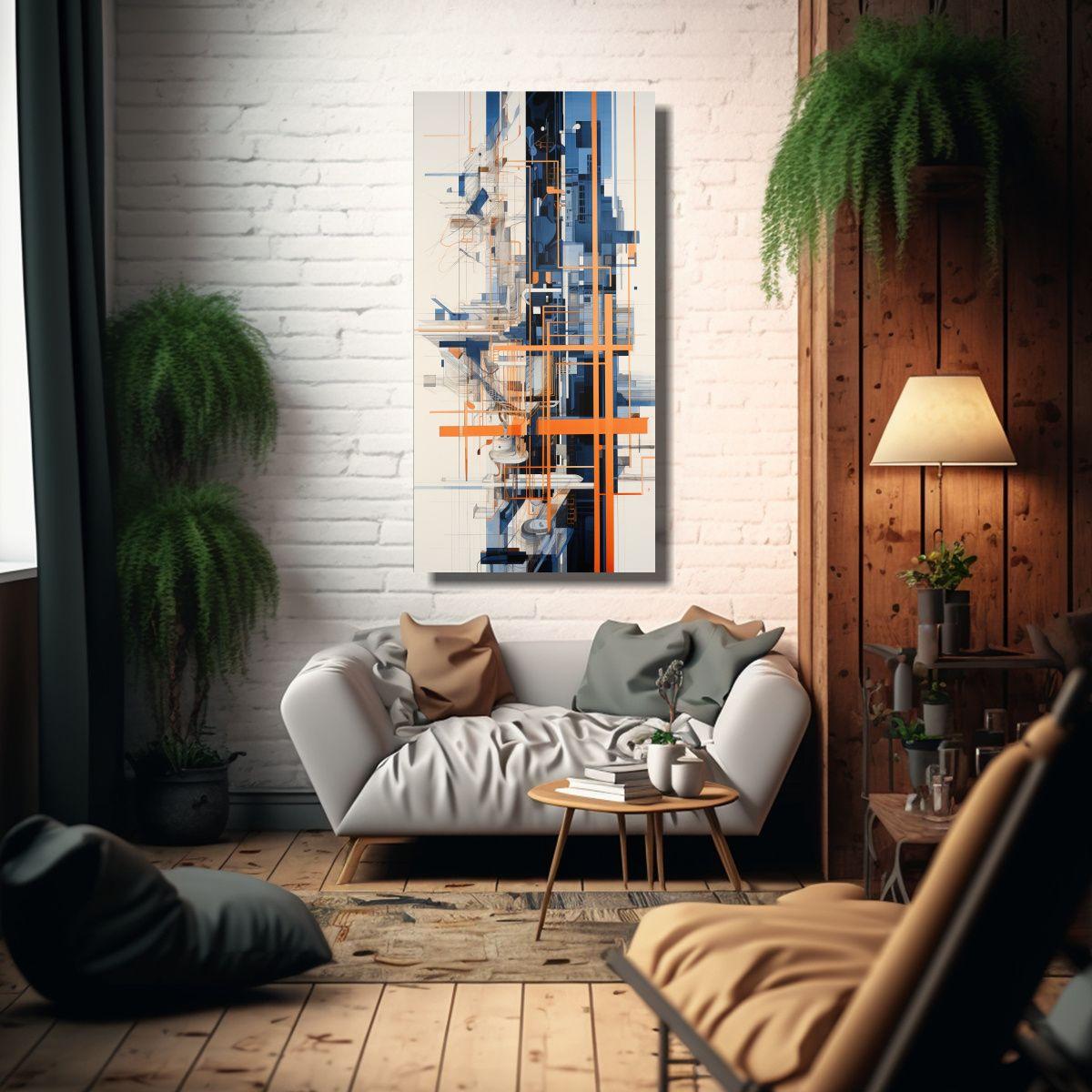 Pintura Abstracta Lineal Con Naranja E Índigo 70x140cm-2