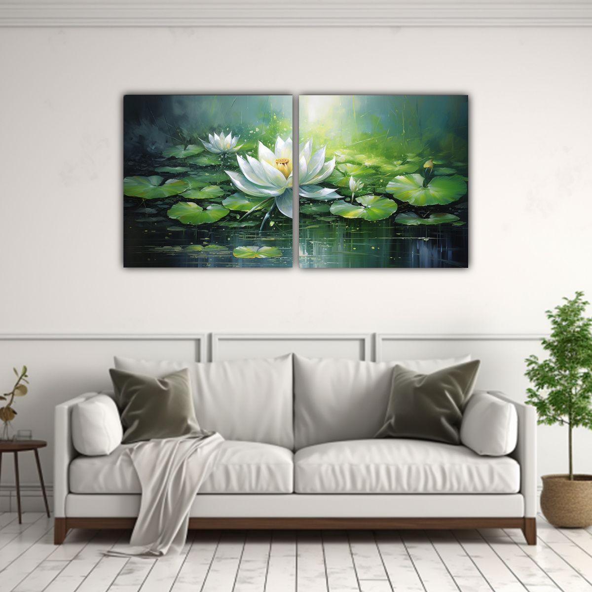 Pintura De Loto Verde En Lienzo Estilo Decorativo 80x40 Cm-2