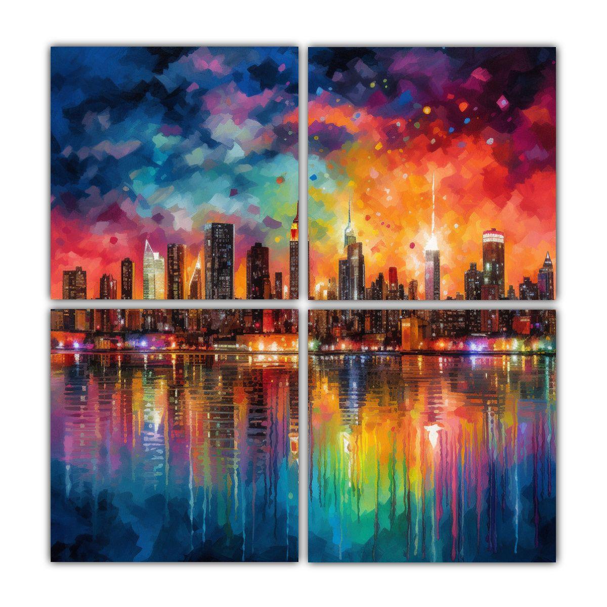 Cuadriptico Abstracto Alegre Con El Skyline 100x100 Cm-0