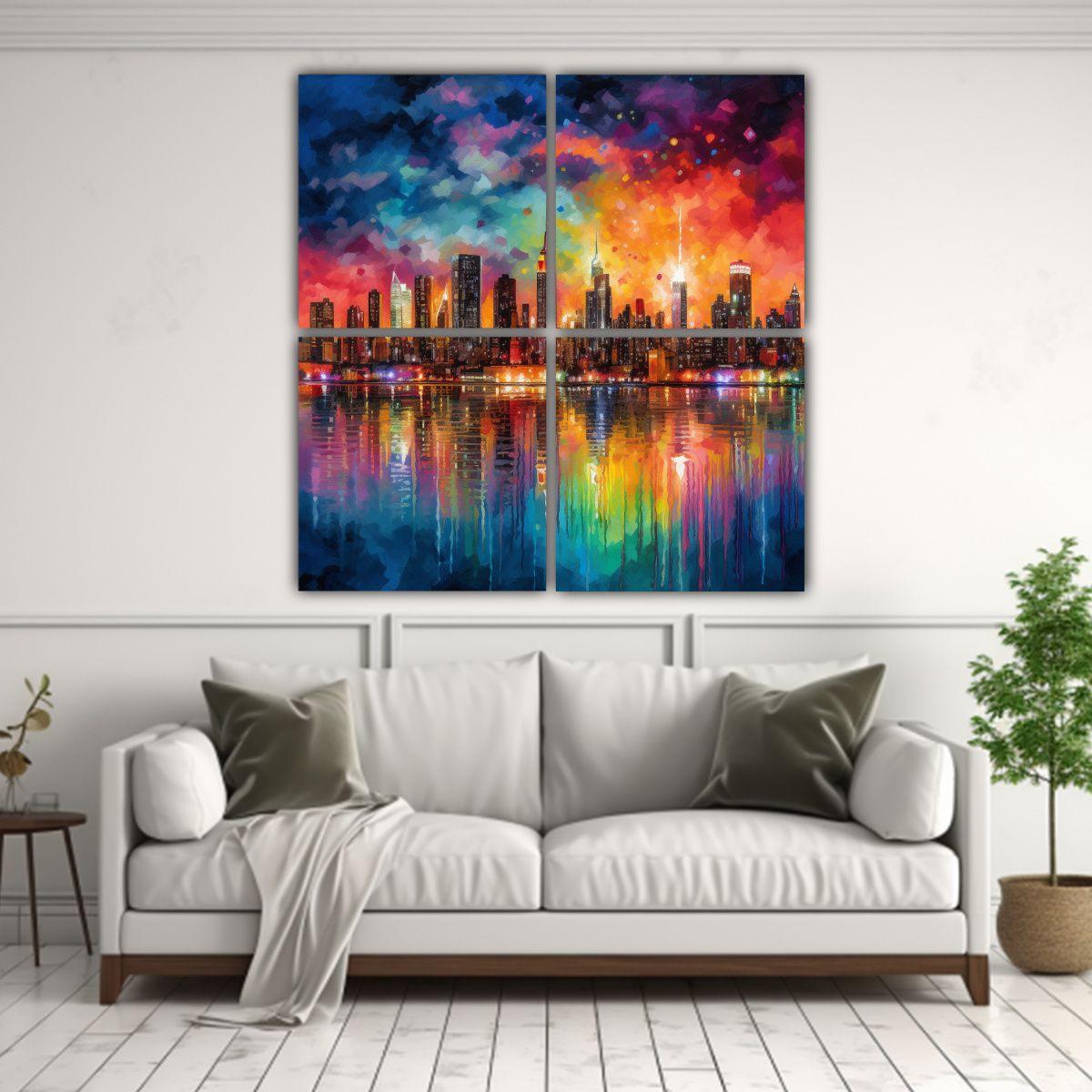 Cuadriptico Abstracto Alegre Con El Skyline 100x100 Cm-2