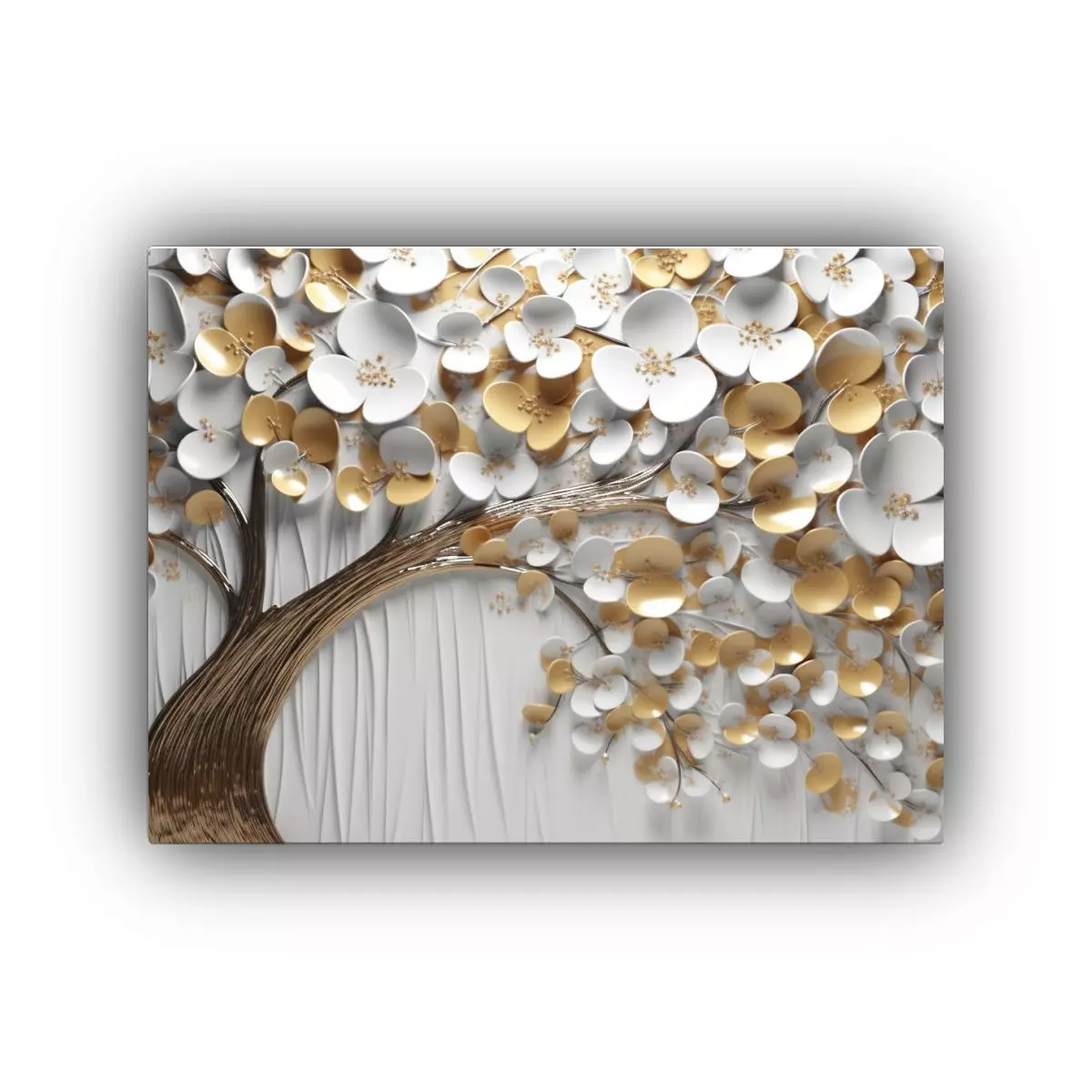 Pintura Abstracta De árbol Con Pétalos Blancos, Dorados Y  90x60cm-0