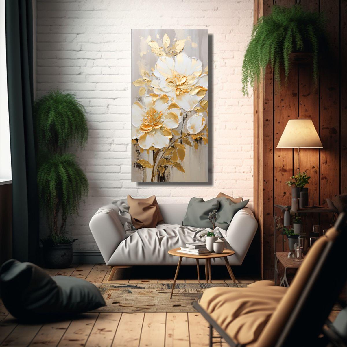 Pintura Floral Dorada En Lienzo Al Estilo De Arte 70x140cm-2