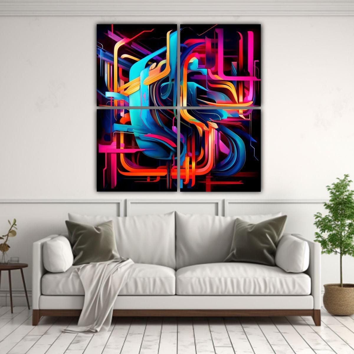 Cuatro Lienzos De Tela Temática Abstracta En Neon 160x160 Cm-2