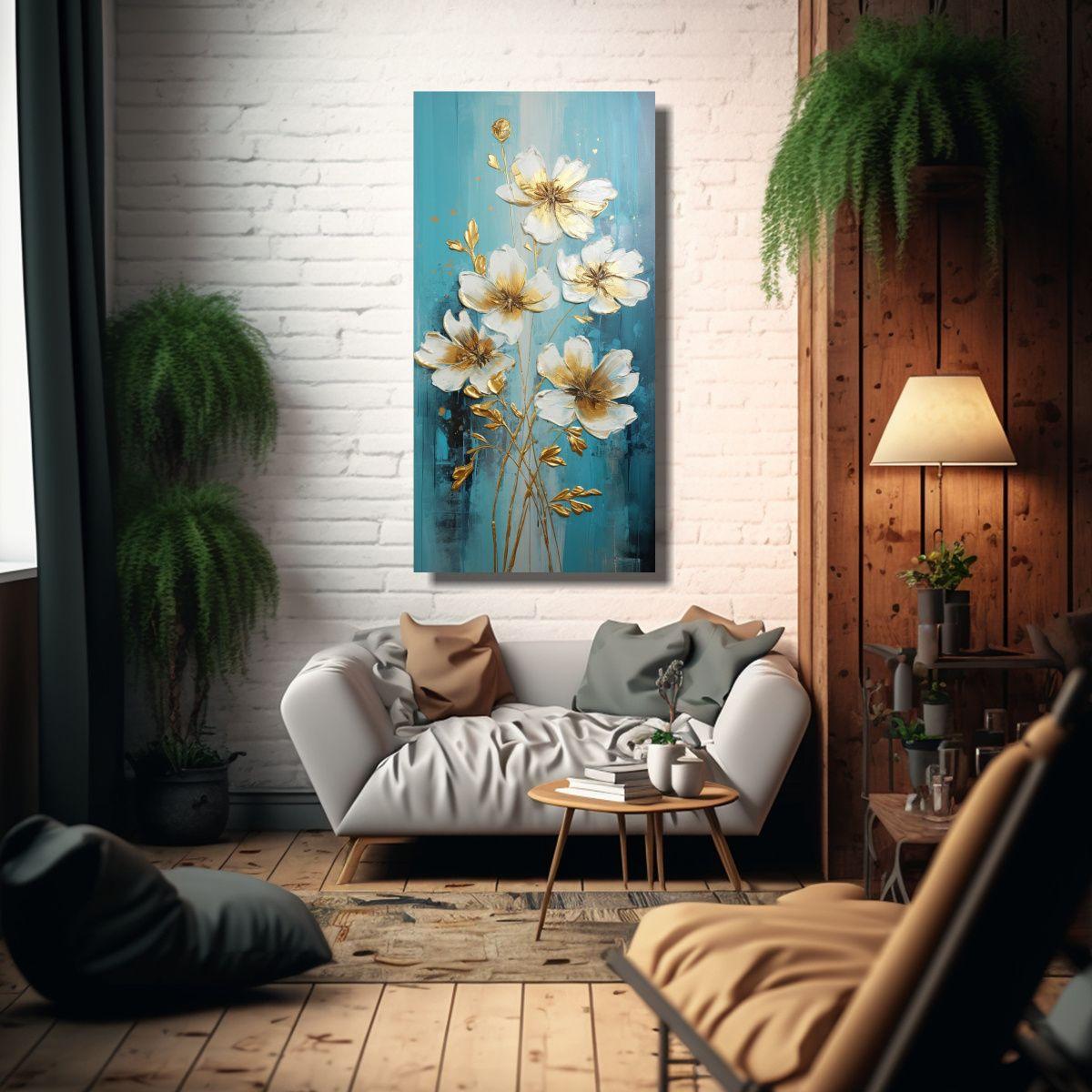 Pintura Decorativa Para Sala En Turquesa Y Oro 70x140cm-2