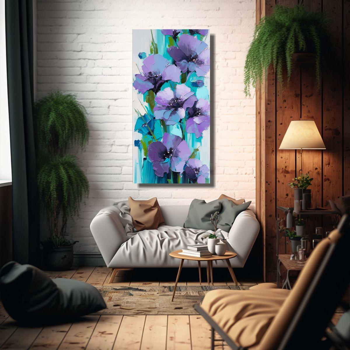 Pintura En Lienzo De Flores Púrpuras Y Turquesas 60x120 Cm-2