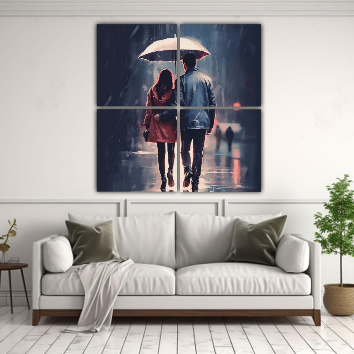 Pareja Caminando Bajo La Lluvia Con Paraguas 40x40 Cm-2