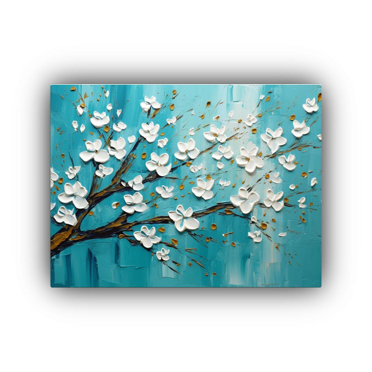 Pintura De Flores En Tonos Verde Azulado Estilo 90x60cm-0