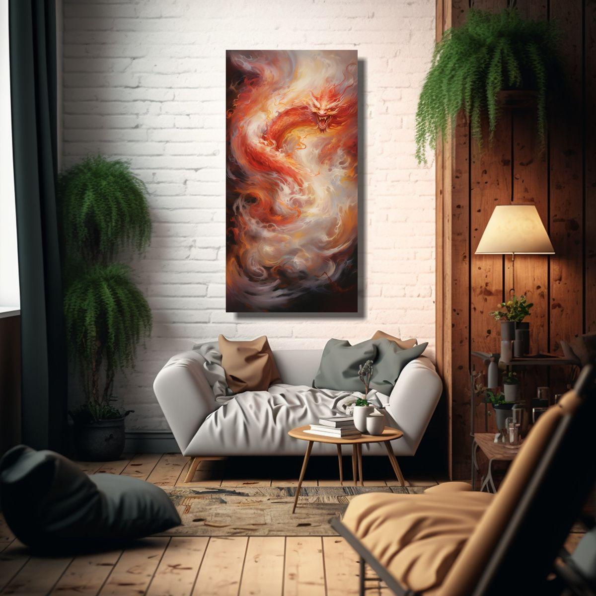 Pintura De Pared: Danza De Dragones En El Cielo 60x120cm-2