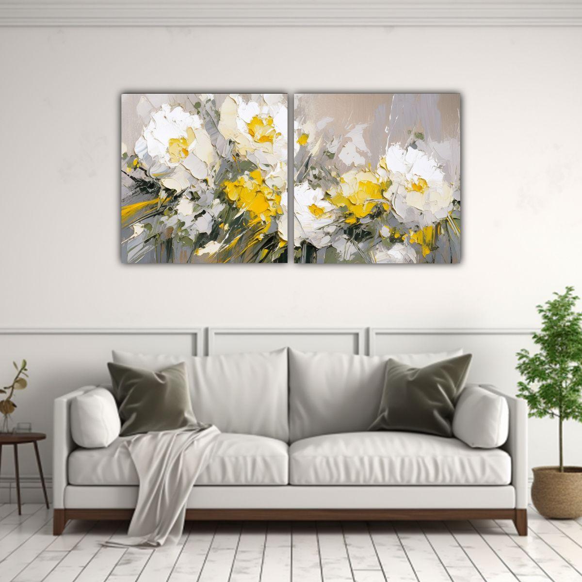 Cuadro Conceptual Amarillo Y Plateado De Flores 120x60 Cm-2