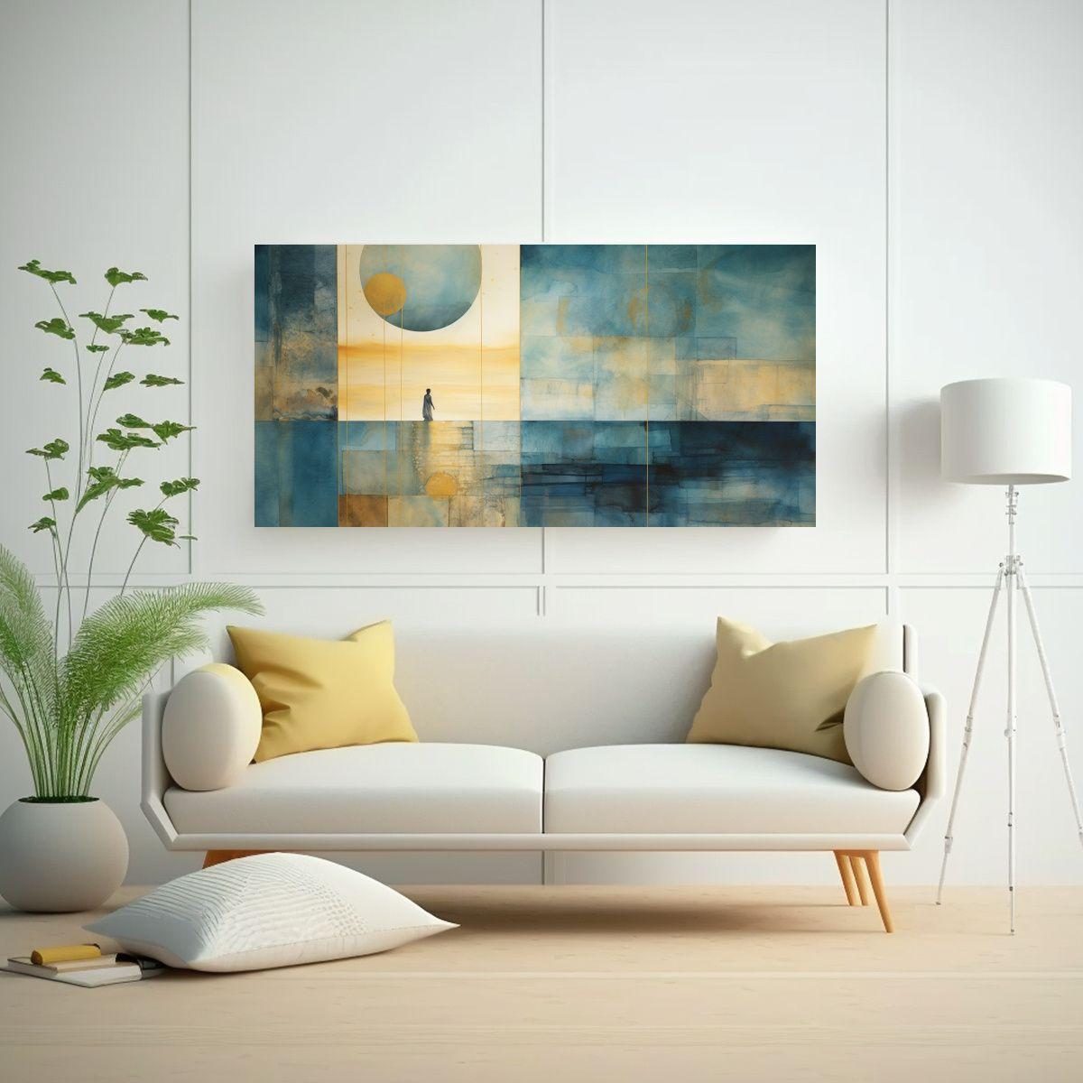 Cuadro Dibujo Sala En Tonos Teal Y Dorado 100x50cm-2